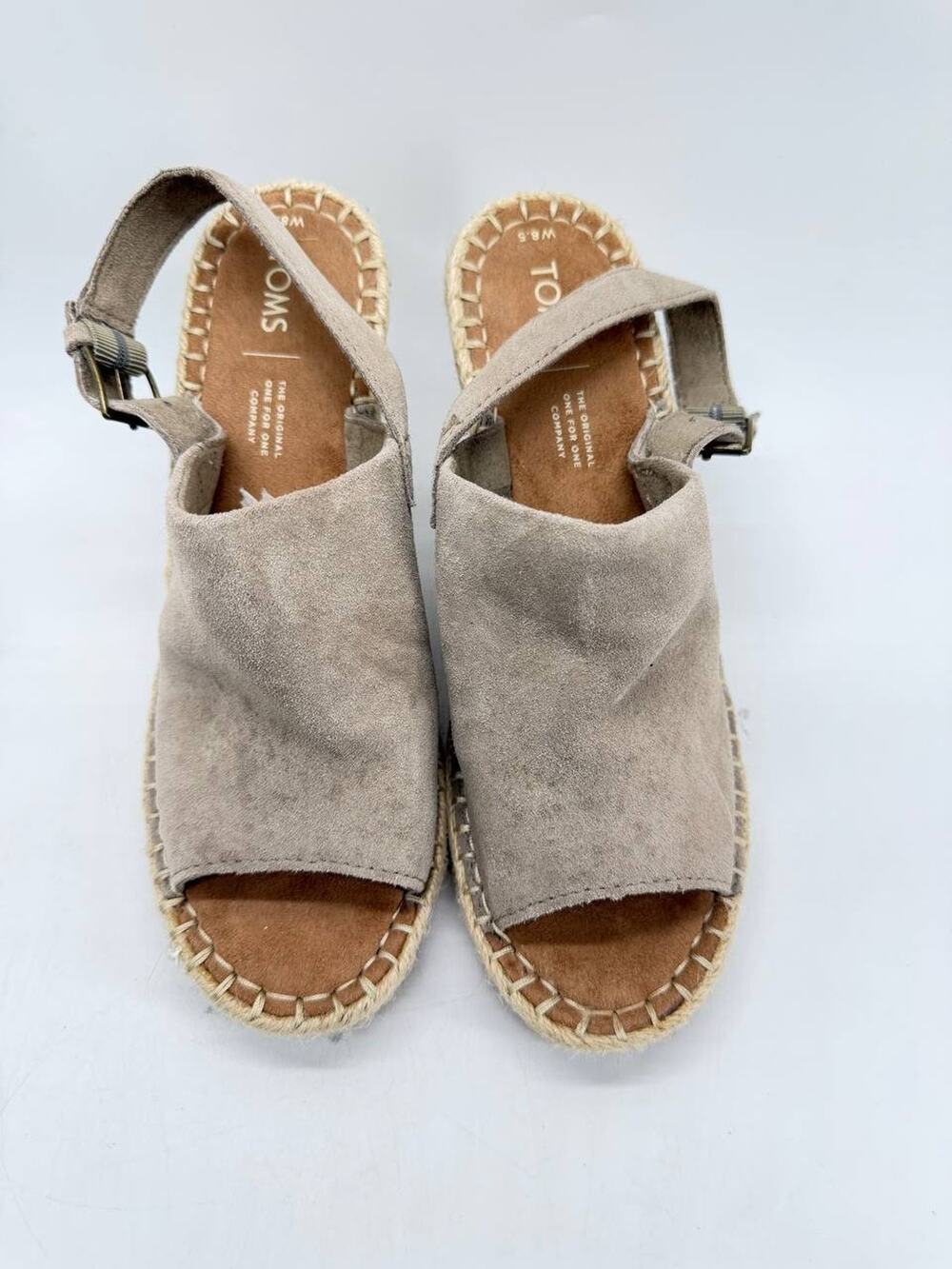 TOMS Women’s Size 8.5 Taupe Suede Open Toe Slingback Espadrille Wedges